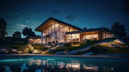 Poster - Evening view of a modern beautiful house with swimming pool . Generative AI