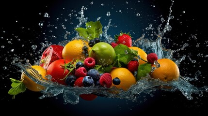  Black background with assortment of fresh fruits and water splashes.. Generative AI