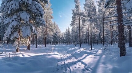 Wall Mural - Winter snowy day in a beautiful forest. Generative AI
