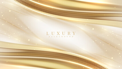 Wall Mural - Golden luxury background with cream empty space and shiny curves and bokeh effect decoration. Vector illustration.