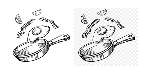 Frying pan with scrambled eggs and bacon and vegetables. Hand drawn vector sketch illustration