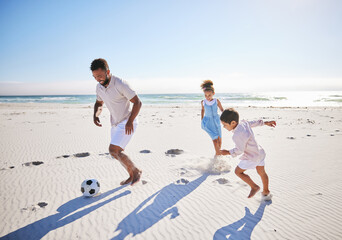 Canvas Print - Soccer ball, family and running at the beach with freedom, happy and playing in nature. Kick, games and children with father at the ocean for travel, vacation and football while traveling in Miami