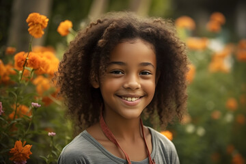 Portrait of a little smiling African American girl. Neural network AI generated