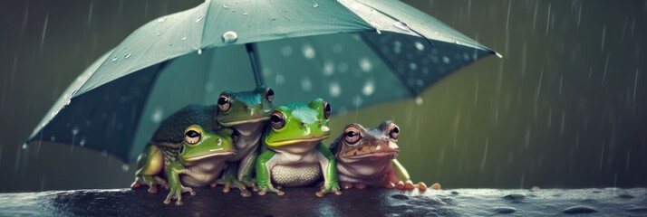 Canvas Print - Three frogs sitting under an umbrella in the rain. Generative AI image.