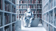 AI robot sitting and reading book in library. Artificial intelligence, Machine learning, Innovation, Disruptive technology concept. Generative AI