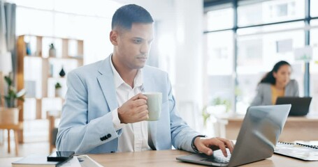 Poster - Business, laptop and man with a coffee, planning and typing in workplace, startup and online reading. Male employee, professional and entrepreneur with tea, technology and connection in an office