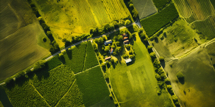 Aerial drone view of the endless green fields and hills of the countryside. Generative AI	