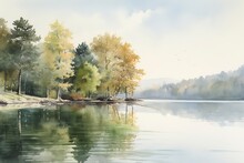 Beautiful Watercolor Autumn Landscape With Lush Colorful Autumnal Trees On The Shore Of Calm Forest Lake Or Pond At Sunny Fall Day. Digital Art Painting From My Own 3D Rendering File , Generate Ai