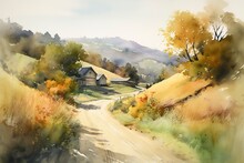 Farm With Sunflowers, Watercolor Painting By Hand. Painting Of A Landscape With A Mountain, Farmland, Sunflower Field, Trees, Home, Unpaved Road, Grass, Shrubs, Foggy Sky, Etc. Generative AI
