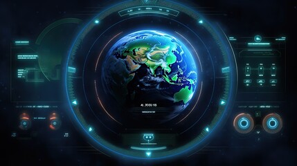 Poster - UI interface, earth globe, control center.Hud,GUI for game background design. Technology background. Digital data. Generative AI