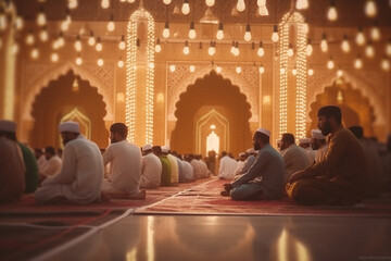 A serene image of people praying at a beautifully decorated mosque, Eid-al-Adha, bokeh Generative AI