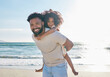 Father, girl child and piggyback on beach with travel, smile in portrait with love and people on vacation in Mexico. Happy family, kid hug man with care outdoor, ocean and tourism with mockup space
