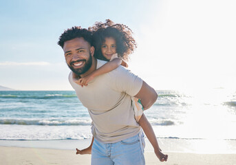 Sticker - Father, girl child and piggyback on beach with travel, smile in portrait with love and people on vacation in Mexico. Happy family, kid hug man with care outdoor, ocean and tourism with mockup space