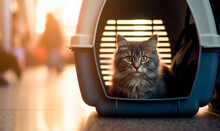 Cat In Carrier Ready To Travel At The Airport. Generative AI