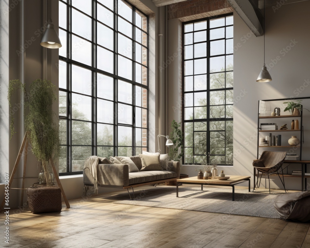Spacious Industrial Living Room with High Ceilings and Large Windows ...