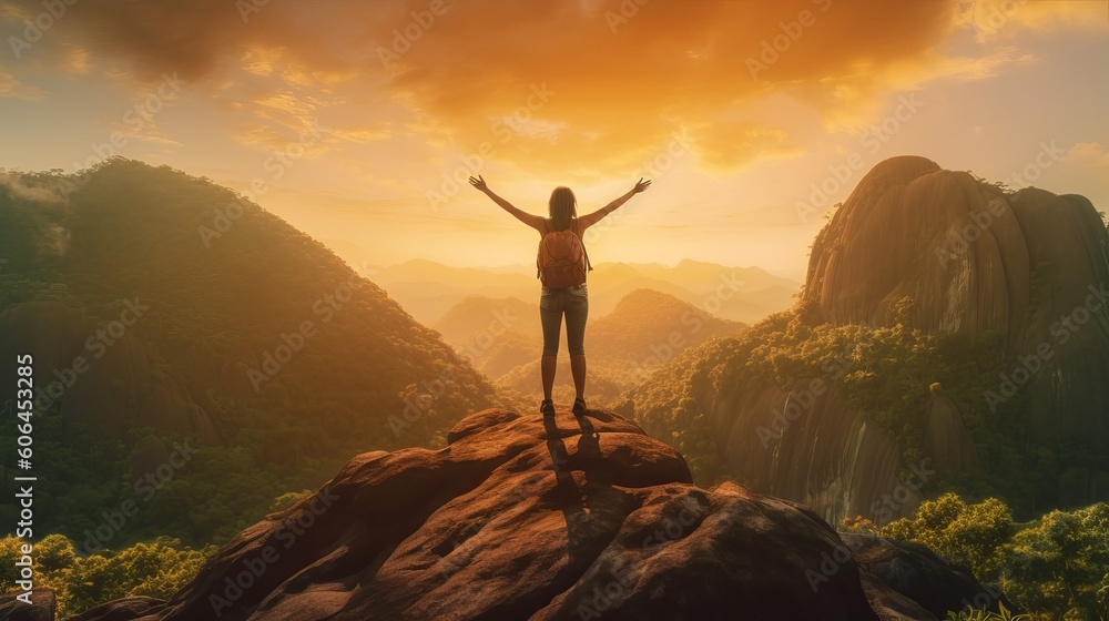 Happy female hiker standing on a cliff with her arms up in the air ...