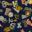 College athletic department vintage badges patches and symbols patchwork vector seamless pattern