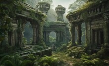 Generative AI Illustration Of Ancient Temple Ruins In A Jungle
