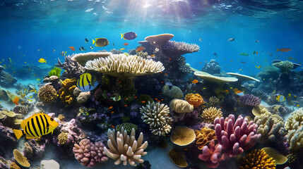  Coral reef with marine life. Generative AI.