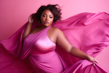 Beautiful American African plus-size model wearing a pink dress portrait on a pink background. Body positivity and diversity. Generative AI