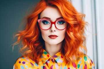 Beautiful fashion female model with red hair portrait . European young woman wearing glasses. Bright colors, stylish makeup