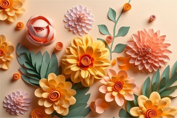 Wall Mural - 3d floral craft wallpaper. orange, rose, green and yellow flowers in light background. for kids room wall decor