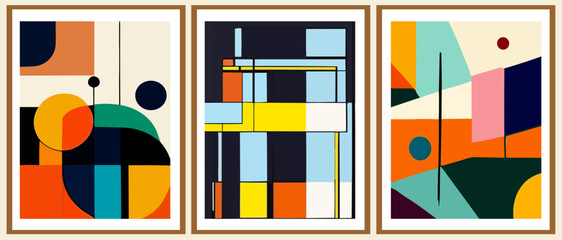 Wall Mural - Set of Bauhaus retro posters. Background, vector abstract wall art inspired by postmodernism. Vintage Mid Century modern 60s, 70s graphic design covers. Colorful geometric Vector compositions.