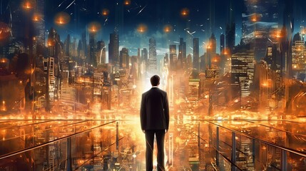 Wall Mural - Business man on future network city - Businessman concept - businessman in the city - person in the city - person in front of a city, Generative AI