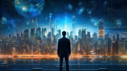 Business man on future network city - Businessman concept - businessman in the city - person in the city - person in front of a city, Generative AI