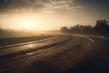 Wall Mural - A rural highway is illuminated by the waning light of the sun. Generative AI