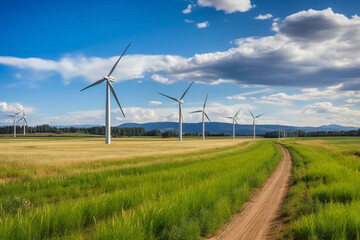 Farm view with wind turbines generating clean energy from the wind. clean and renewable energy concept. generative ai