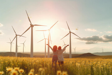 wind clean renewable energy concept, with pretty cheerful women in the field. generative ai