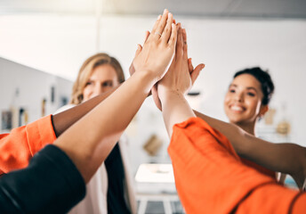 Canvas Print - High five, teamwork and business people in meeting celebration, success and collaboration for faith or goals. Solidarity, winning and happy group of women, hands together and team support in office