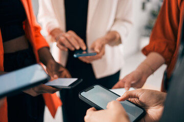 Aufkleber - Contact us, phone and people hands typing for business communication, networking and social media chat. Mobile app, screen and group of women in circle, connection and Web 3.0 or internet in office