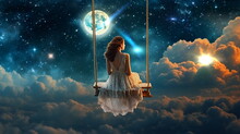 Young Woman In A White Dress On A Swing Night Starry Sky Her Feet On Clouds At Sunset Surrealism