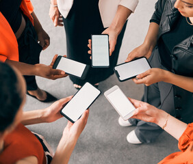 Fototapete - Contact us, phone screen and women hands for business communication, networking and social media. Mobile app, space and group of people in circle, connection and Web 3.0 advertising mockup in office