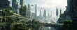 Futuristic cityscape with a lot of trees, floating spacecrafts, clean and streamlined, light white and green, majestic ports. AI generated