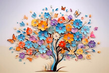 Colorful Floral And Butterfly Mural On 3D Tree Background: Interior Wall Art, Generative AI