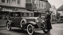 Woman In Front Of A Vintage Car In A Street In The 1920's - Generative AI