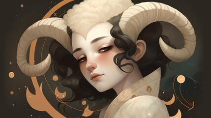 Zodiac Aries wallpaper background illustration, Goat ram horoscope astrology art, poster, banner