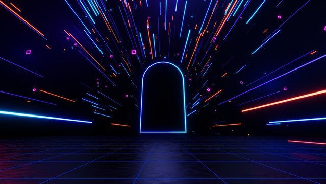 3d technology abstract neon light background, empty space scene, spotlight, dark night, virtual reality, cyber futuristic sci-fi background, street floor studio for mock up. colored geometric.