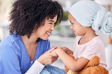 Poster - Smile, nurse and child on bed in hospital for children, health and medicine, support and trust in cancer treatment. Paediatrics, healthcare and kid, nursing caregiver holding hands with young patient