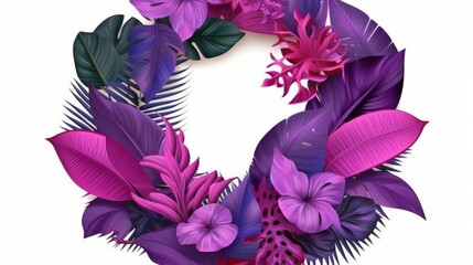 Wall Mural - Purple circular neon light with tropical leaves. AI generative.