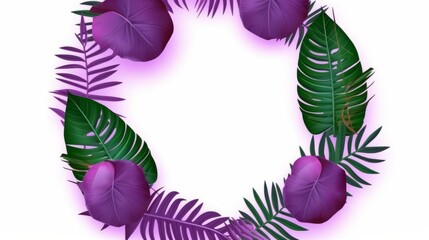 Wall Mural - Purple circular neon light with tropical leaves. AI generative.