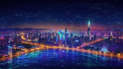 Canvas Print - Smart city with big data connection technology concept. AI generative.