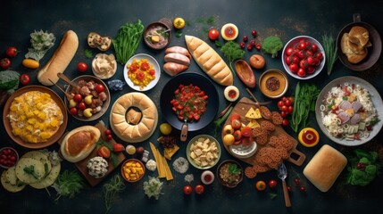 Wall Mural - Top view of various foods as culinary concept. AI generative.