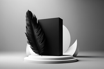 Abstract minimal concept. Luxury monochrome Podium background with soft black feather. Mock up template for product presentation. 3D rendering. copy text space