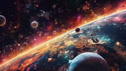 Wall Mural - a digital holographic background with a view of the sky, with stars and planets visible. ai generati