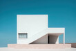 © ADDICTIVE STOCK - Generative AI image of minimalistic dwelling house with entrance white walls steps and glass window located in sunlight against blue cloudless sky