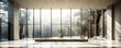 © ADDICTIVE STOCK - Generative AI image of interior of spacious empty room with sunlight and large windows with metal bar columns located against blurred forest
